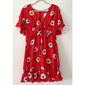 NWT She + Sky Dress Size 12 Red White Flowers Ruffles Short Sleeve V-Neck